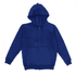A blue zip-up hooded sweatshirt with a front pocket and drawstrings, featuring a logo on the inside label.