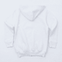 A white zip-up hoodie with a hood, featuring a plain back design and fitted cuffs. It has a branding logo.