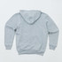 A grey zip-up hoodie featuring a hood and long sleeves, with a plain back view. It has a logo on the fabric.