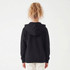 A black zip hoodie featuring a hood, shown from the back with a plain background.