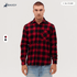 A long sleeve flannel shirt in red and black check pattern, featuring a pocket and a logo.