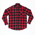 A long sleeve shirt featuring a red and black checkered pattern, with a pocket on the front and a collar.