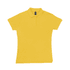 A women's polo shirt in vibrant yellow with a collar and short sleeves, featuring a logo on the label.