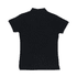 A black women's polo shirt with short sleeves and a collar, featuring a logo on the back.
