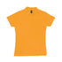 A women's polo shirt in bright orange with a classic collar and short sleeves. It features a logo on the chest area.