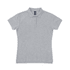 A women's polo shirt in light grey, featuring a classic collar and a buttoned placket, with a branding logo.