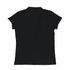 A black women's polo shirt with short sleeves and a collar, featuring a branding logo.
