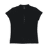 A black women's polo shirt with a collar and a button placket, featuring short sleeves and a logo.