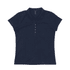 A women's polo shirt in navy blue with a collared neckline and button placket, featuring a logo.
