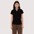 A women's black polo shirt with a button placket and short sleeves, featuring a logo on the chest.