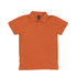 An orange polo shirt with a collar and short sleeves, featuring a logo on the neckline.