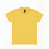 A yellow polo shirt with a collar, featuring a tag and a logo on the label.