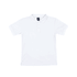 A white polo shirt featuring a collar and a four-button placket, with a logo on the chest area.