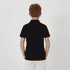 A black polo shirt designed for youth, featuring short sleeves and a simple back design. The garment has a branding logo.