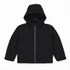 A black weather jacket with a hood and front zipper, featuring a simple and sleek design. It has a logo.