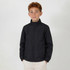 A youth weather jacket in black, featuring a zip front and a stand-up collar. The model has curly, reddish-brown hair.