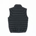 A black puffer vest with a quilted design and no sleeves, featuring a collar and a gathered hem.