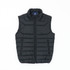 A black youth puffer vest featuring a zip front and side pockets, with a logo at the collar.