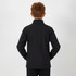 A youth black softshell jacket seen from the back, featuring a collar and fitted design. The jacket has a logo.
