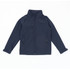 A navy softshell jacket featuring a zip front and two side pockets, designed for youth wear.