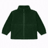 A dark green polar fleece full zip jacket with a high collar and two front pockets. It features elastic cuffs and has a logo.