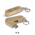 A wooden 8GB flash drive in a keychain design, featuring a logo and a USB connector.