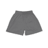 A pair of youth shorts in dark grey with an elastic waistband and a logo.