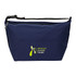 A navy blue cooler bag with a zip closure and a front pocket, featuring a logo.