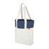 A tote bag featuring a navy blue top section and a cream-coloured lower section, with long handles and a logo.