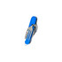 A multi-function camping utensil in blue, featuring a fork, knife, and additional tools in a compact design.