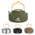 A camping kettle in green with an orange handle, featuring a spout and a logo, alongside two silver and black options.