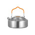 A stainless steel camping kettle with an orange handle and lid, featuring a spout for pouring.