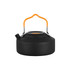A black camping kettle with an orange handle and spout, designed for coffee or tea preparation.