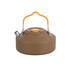 A brown camping kettle with a lid and orange handle, featuring a spout and a stainless steel nozzle.