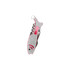A silver and pink fish-shaped multitool with a keyring attachment, featuring various tools and a logo.