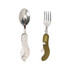 Camping cutlery set featuring a silver spoon and fork with a brown handle, includes a logo. Perfect for outdoor dining.