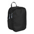 A black packing cube with two zippered compartments and a top handle, featuring light blue zip pulls.