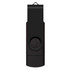 A black dual flash drive with a swivel cover and a small loop for attaching to keychains.