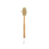 A detachable shower brush with a long wooden handle and a textured bristle head. It features a hanging loop.