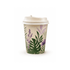 A single walled paper cup with a floral design in green and purple, featuring a white lid.