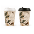 A single walled paper cup set, featuring two designs in cream and brown, with white and black lids, and a logo.