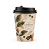 A single walled paper cup, 250ml, featuring a botanical design in earthy colours with a black lid.