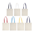 Accent cotton tote bags in natural fabric with coloured handles in red, blue, yellow, and navy. Each bag features a logo.