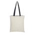 A cream cotton tote bag featuring navy coloured handles and a logo on one side.