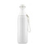 A drink bottle in white with a silver cap and a strap. It features a simple, sleek design and a logo.