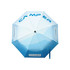 An anti-rebound folding umbrella in shades of blue with a logo and a curved design.