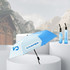 A blue and white anti-rebound folding umbrella with a logo, displayed on a pedestal with a backdrop of mountains.