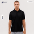 A black polo shirt with a collar, featuring a logo and available in multiple sizes.