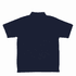 A navy polo shirt featuring a classic collar and a back view. The shirt includes a branding logo.