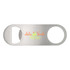 A stainless steel bottle opener with a circular hole and a logo printed on it.